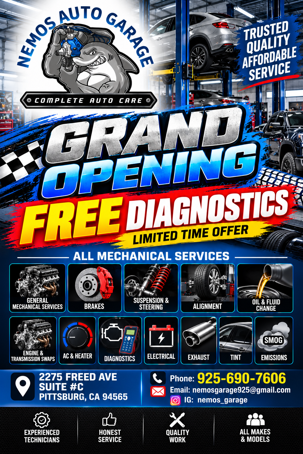 Nemo's Auto Garage grand opening flyer with complete service list